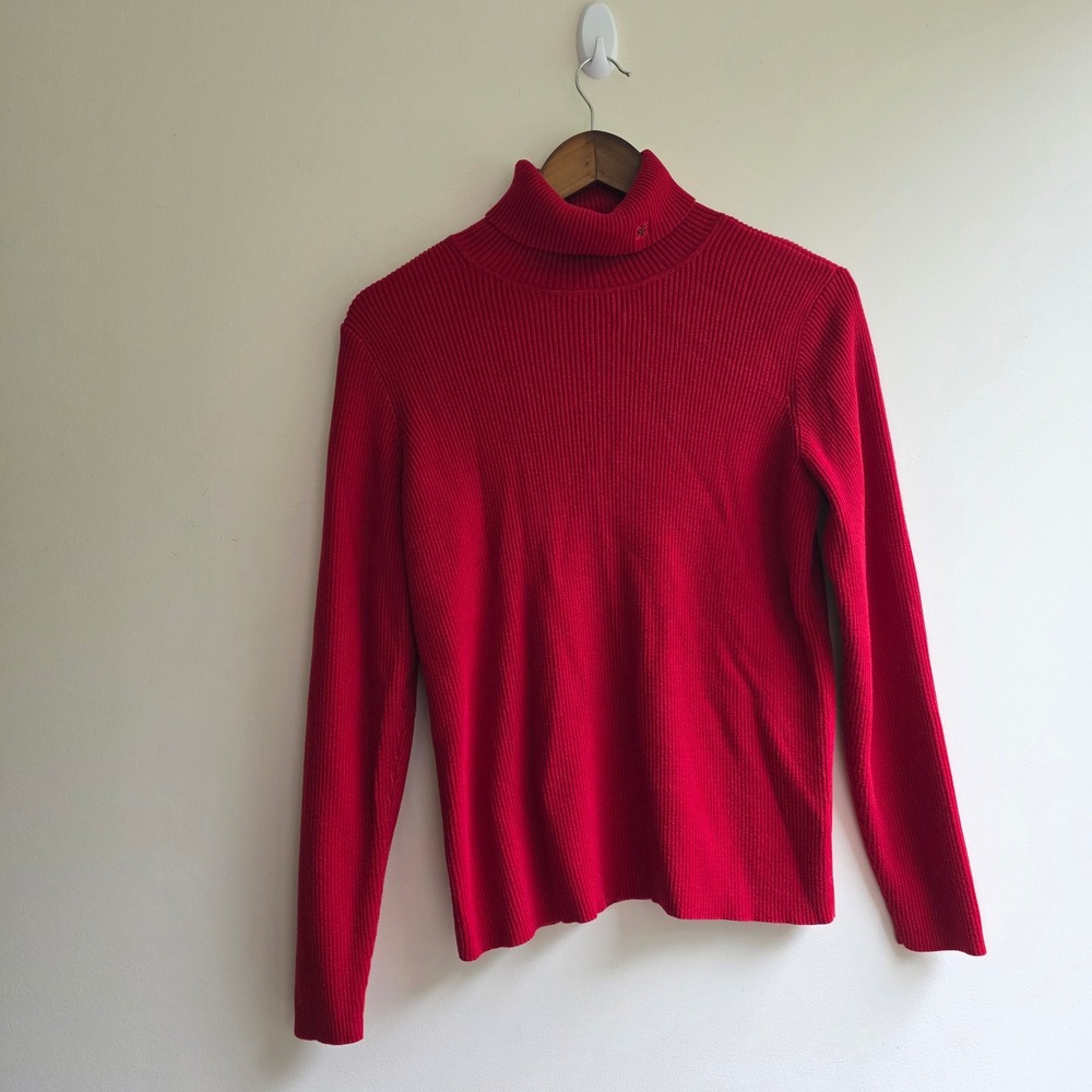 Lauren Ralph Lauren Vintage Red Ribbed Turtleneck Sweater Cotton LRL Logo Large